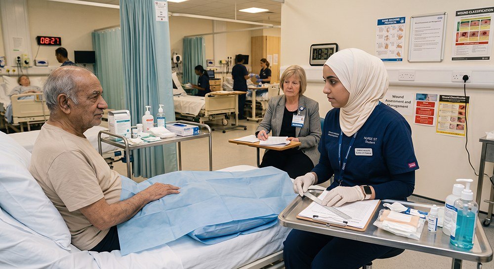 A nursing student in uniform carrying out a wound assessment on a patient in a simulated hospital ward, while an assessor sitting opposite marks the attempt on a clipboard