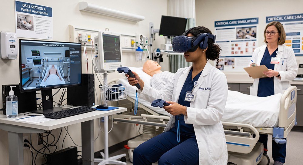 A nursing student wearing a virtual-reality headset and holding two controllers, working through an OSCE patient-assessment station while an assessor stands behind her marking it on a clipboard; a monitor beside her mirrors what she can see in the headset